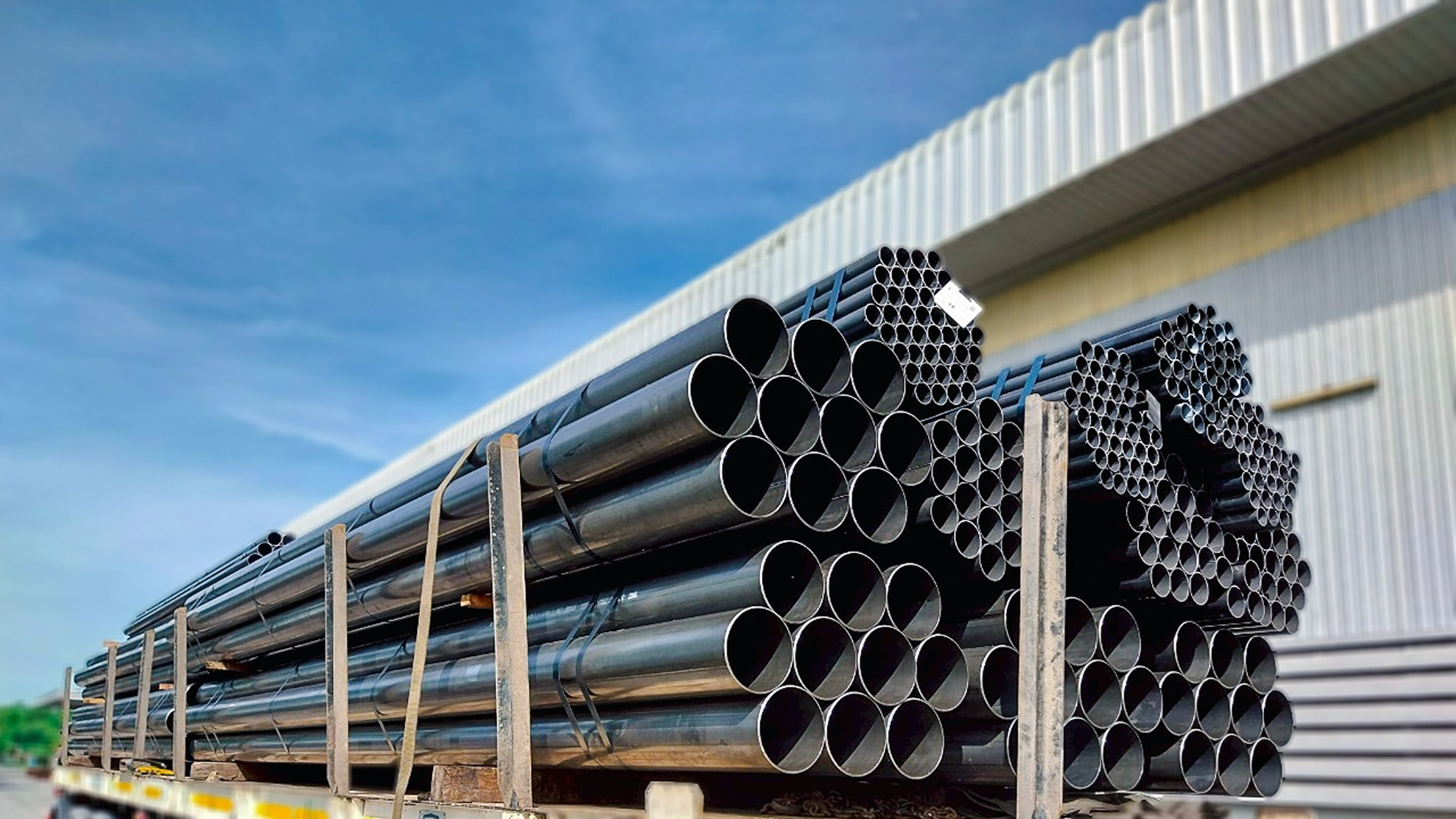 Black industrial steel pipe stacked in a warehouse
