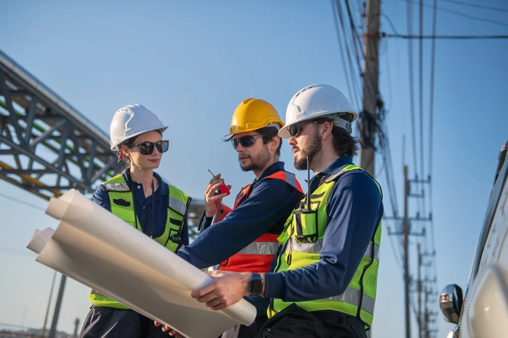 Industrial engineers reviewing project plans at an industrial facility