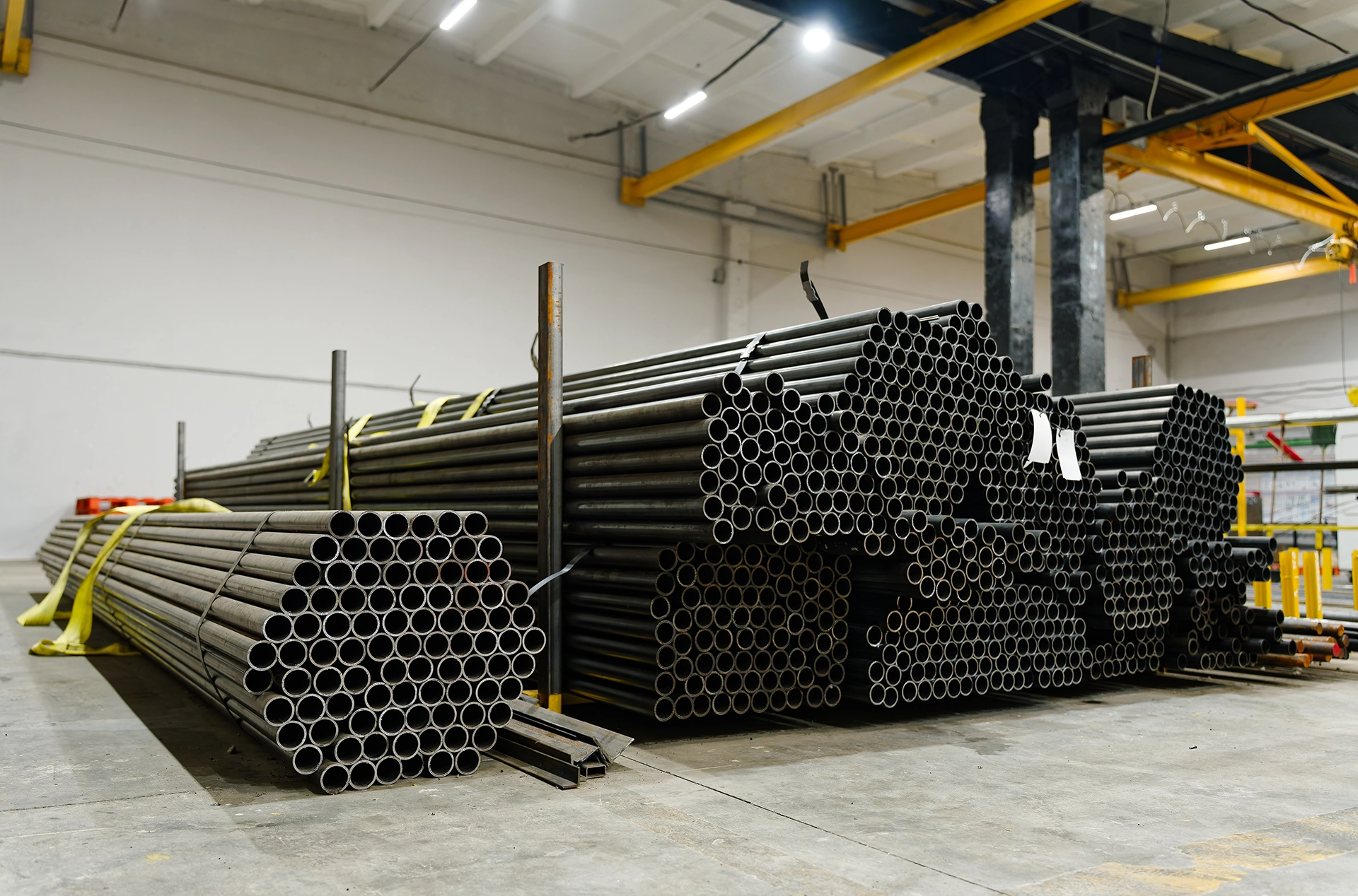 Industrial steel pipe inventory in a material supply warehouse