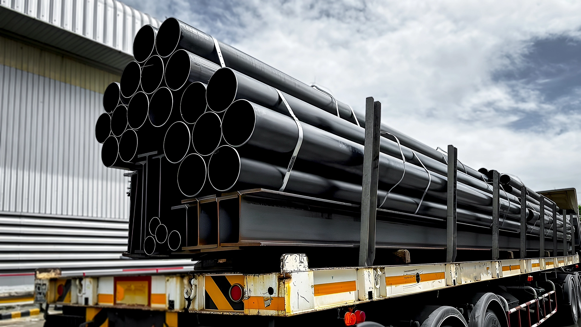 Industrial steel pipe and structural steel loaded on a flatbed trailer