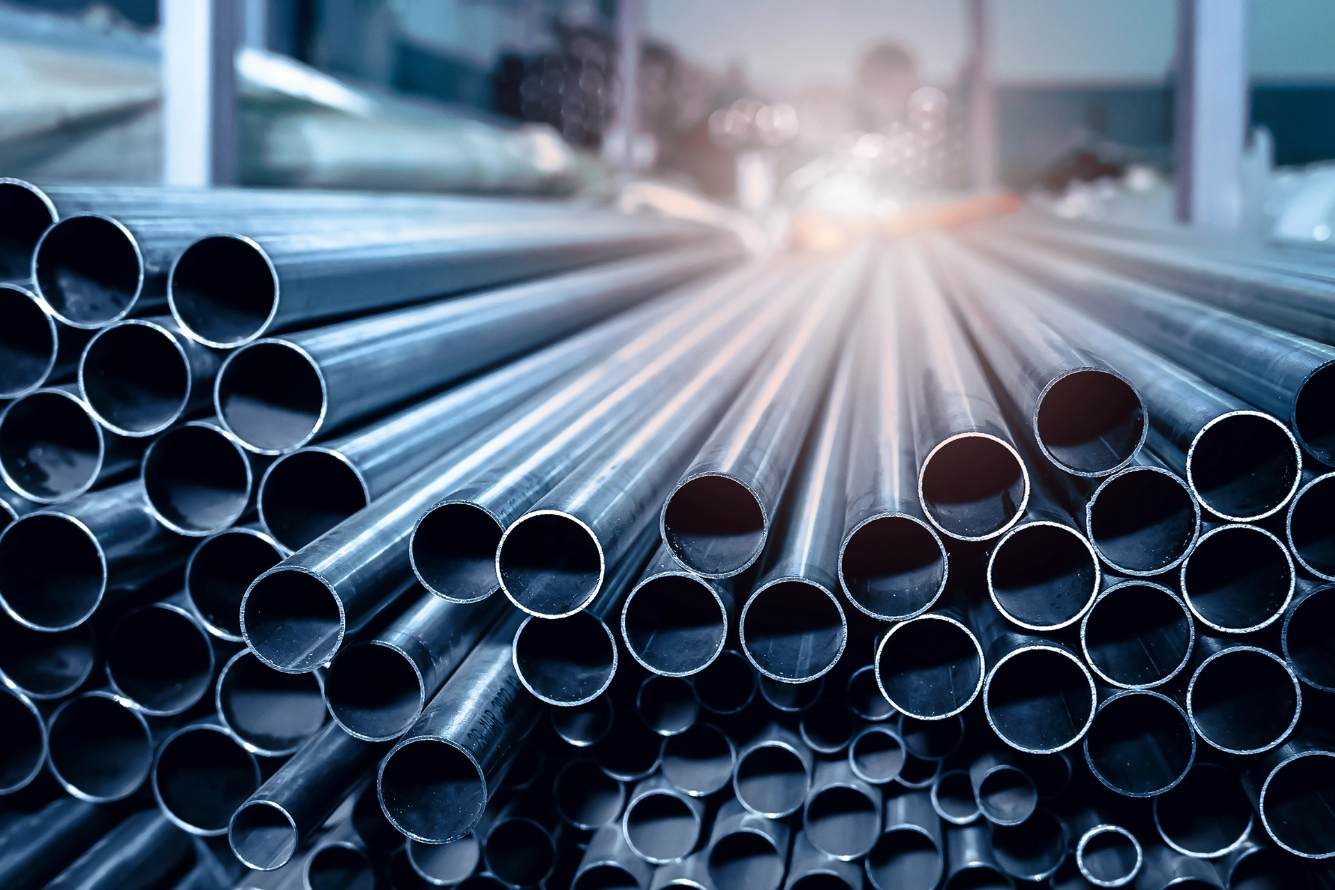Stainless steel pipe inventory in an industrial warehouse